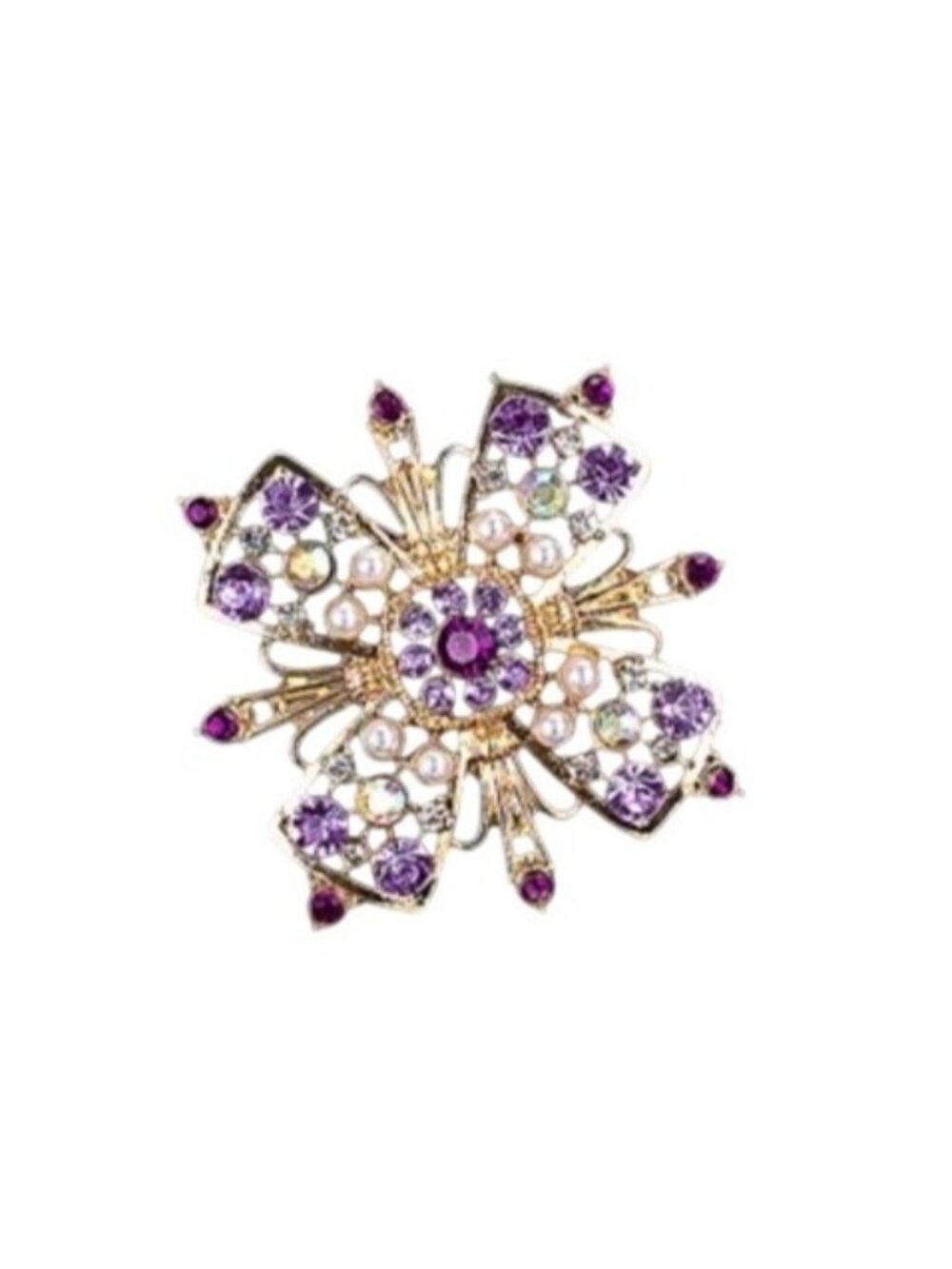 Classic Style Gold Tone Brooch Lavender Crystals & Imitation Pearls